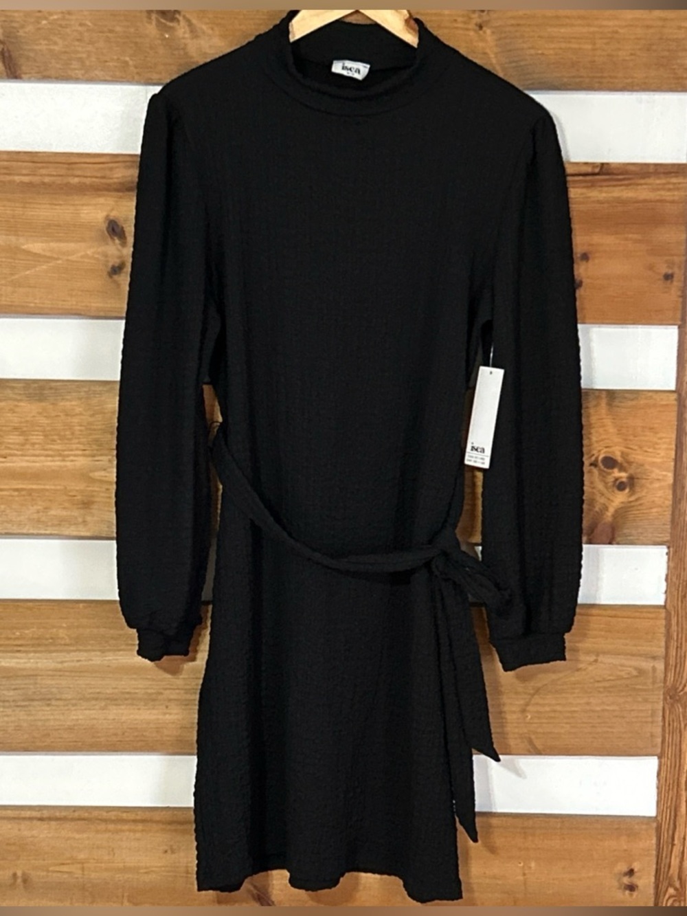 NWT Isca Textured Midnight Black Puff Sleeve High Neck Midi Formal Dress Size M